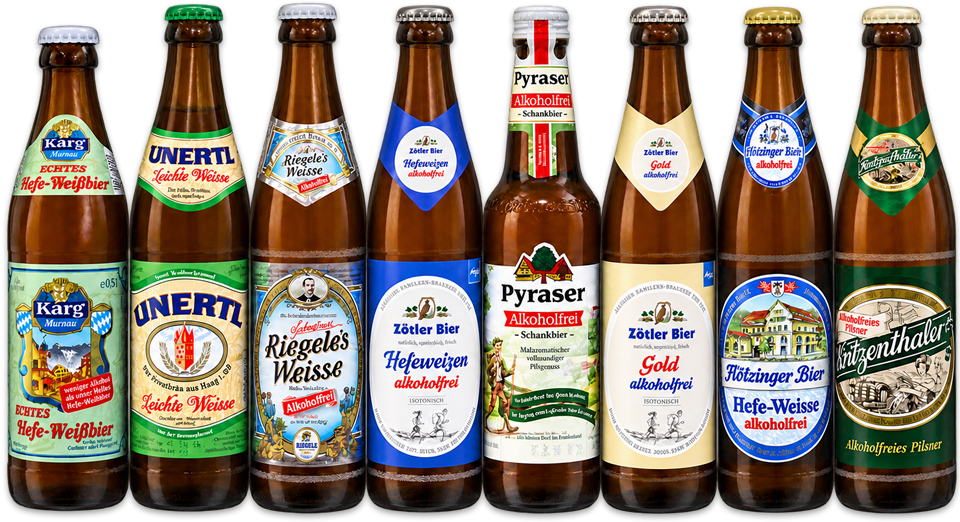 Bild mit Flaschen von alkoholfreien Bieren aus dem Angebot des Getränkemarkts Grabsch aus Berlin-Lichterfelde